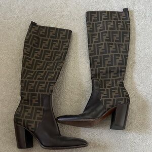 Fendi Brown FF Logo Knee-High Heeled Boots